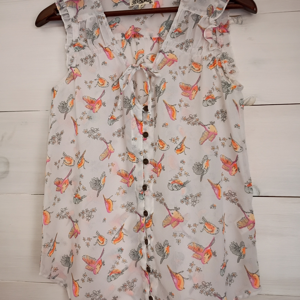 TRAMP Sleeveless Bird Print Button Front Blouse Size Medium Boho Cottagecore